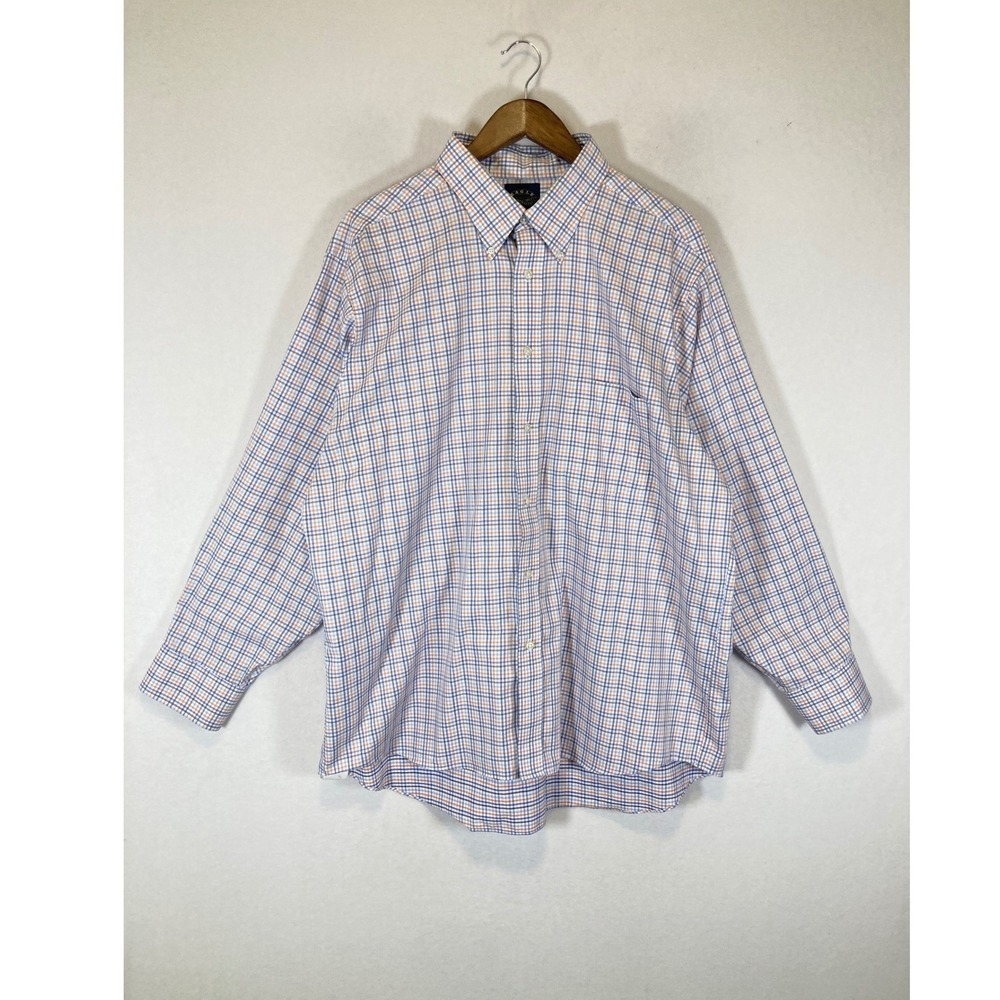 Classic Preppy Eagle Shirtmakers Mens 18 34/35 Blue‎ Orange Plaid Non-Iron Shirt